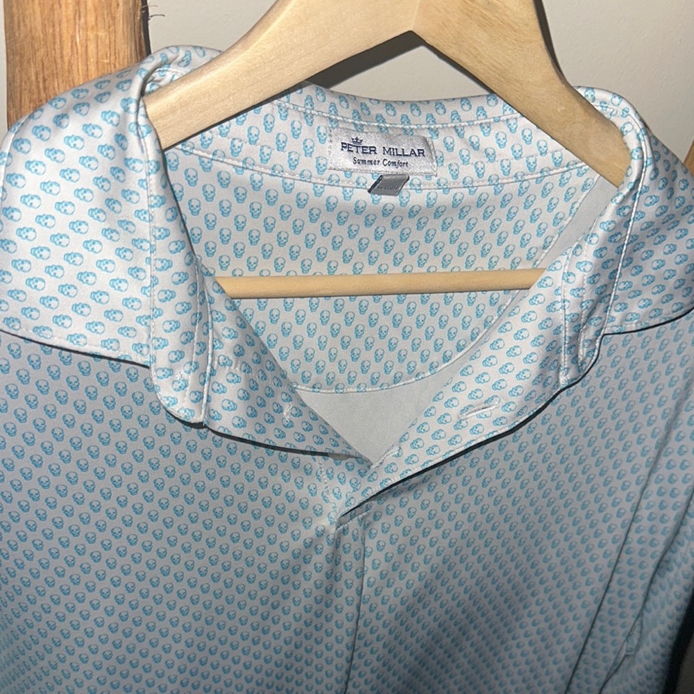 Peter Millar Summer Comfort Performance White Baby Blue Golf Polo Skulls